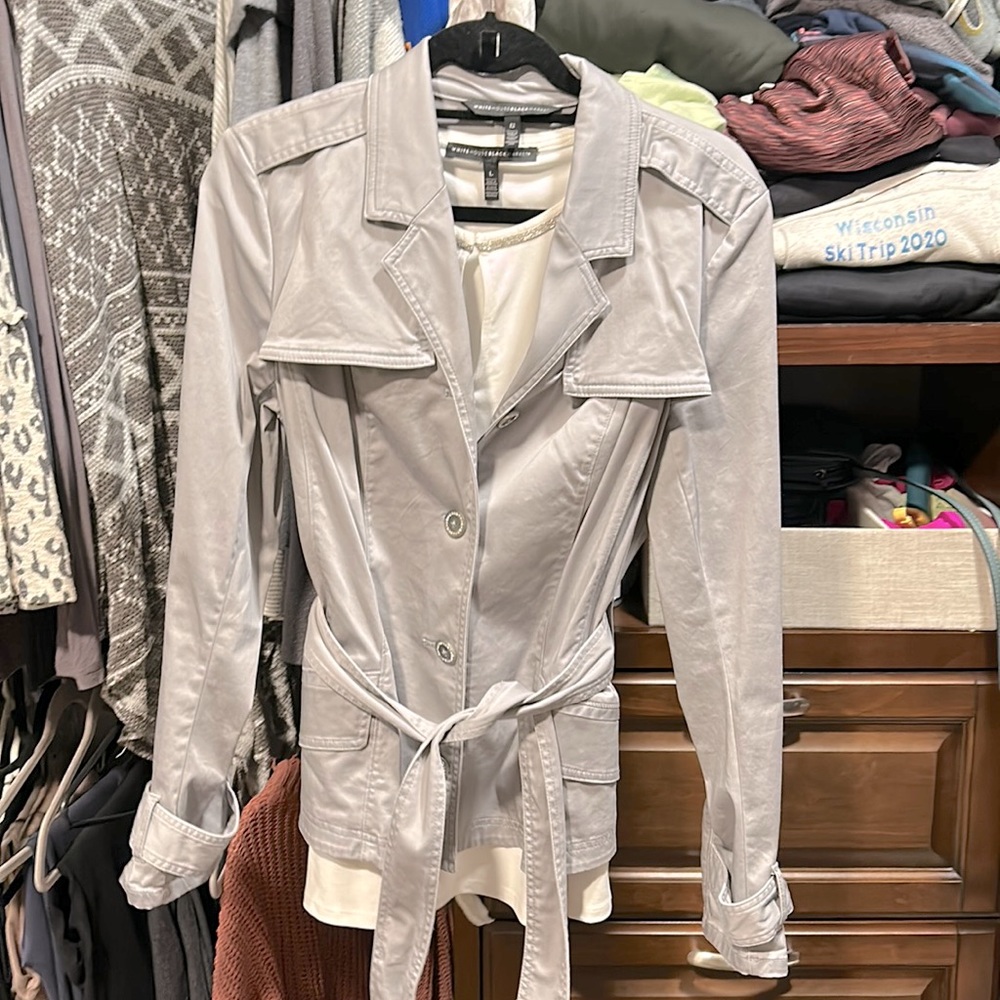 Silver jacket(12) w/ keyhole sleeveless white top(L). White house black market